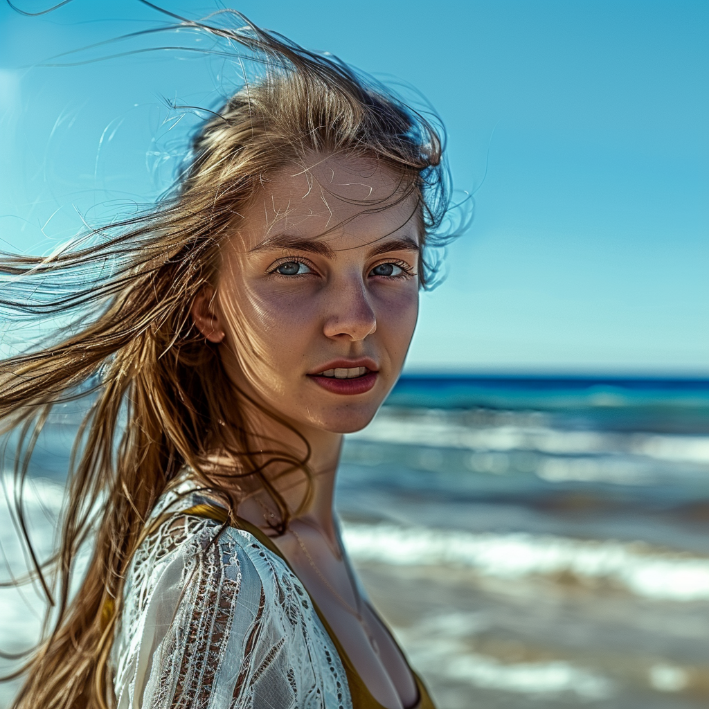 30 years old, Europe and the United States, beautiful woman, rich beach scenery, mainly white, to the camera