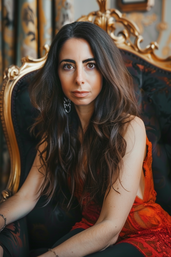 50 year old woman CEO, slightsmile long dark hair, brown eyes, sitting in an ornate red chaise chaise that looks similar to an antique piece