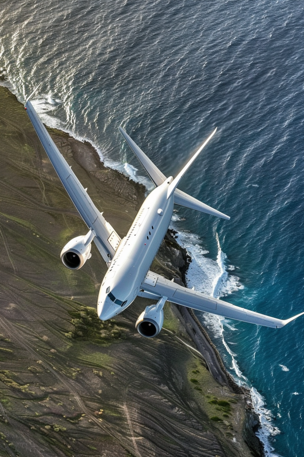 737-900ER Plane Flying Above Coastline