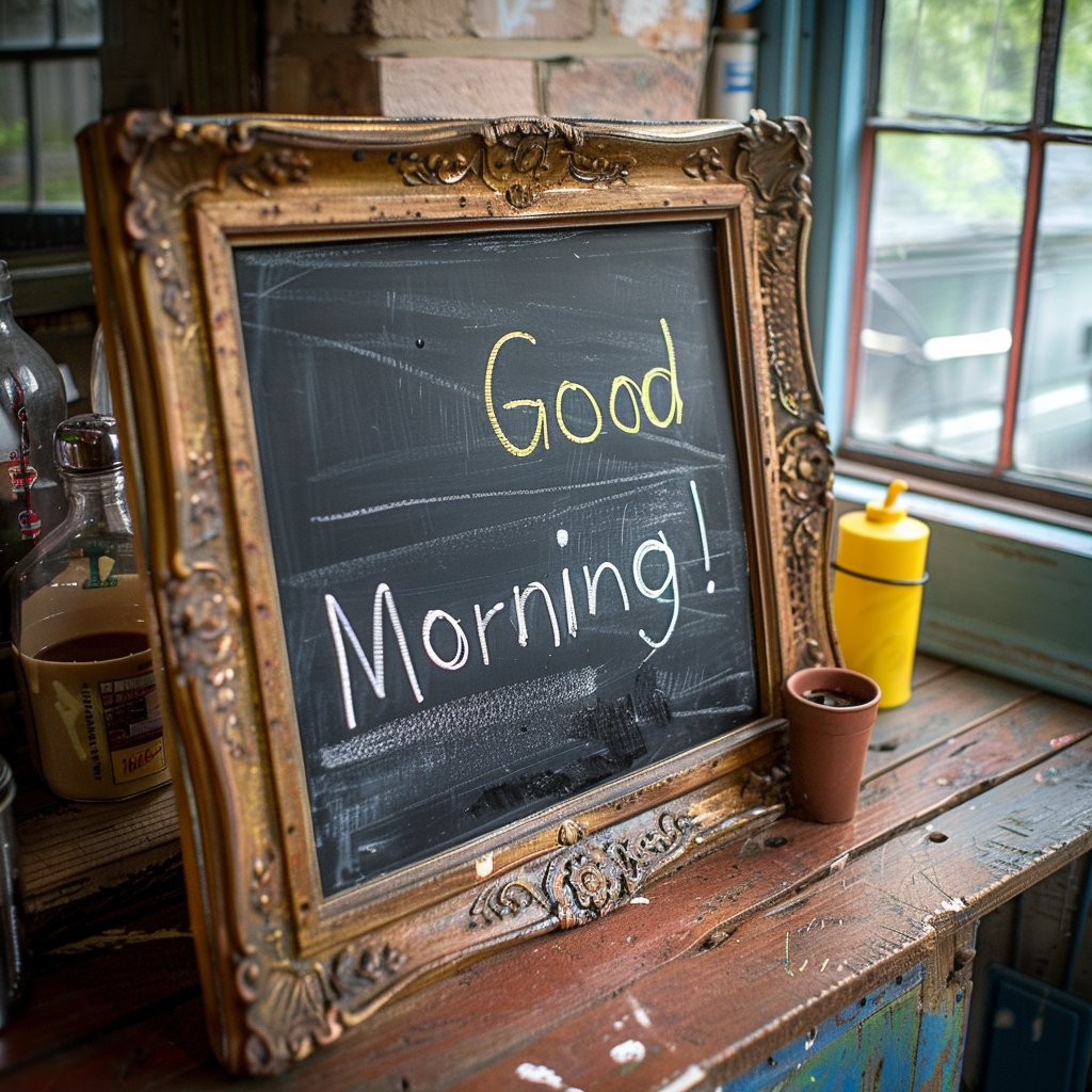 A chalk board with the text Good Morning written with a chalk