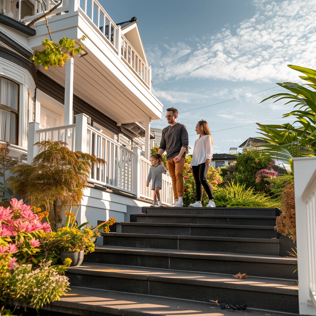 A New Zealand couple with a small child walking up the steps to an open home in grey lynn