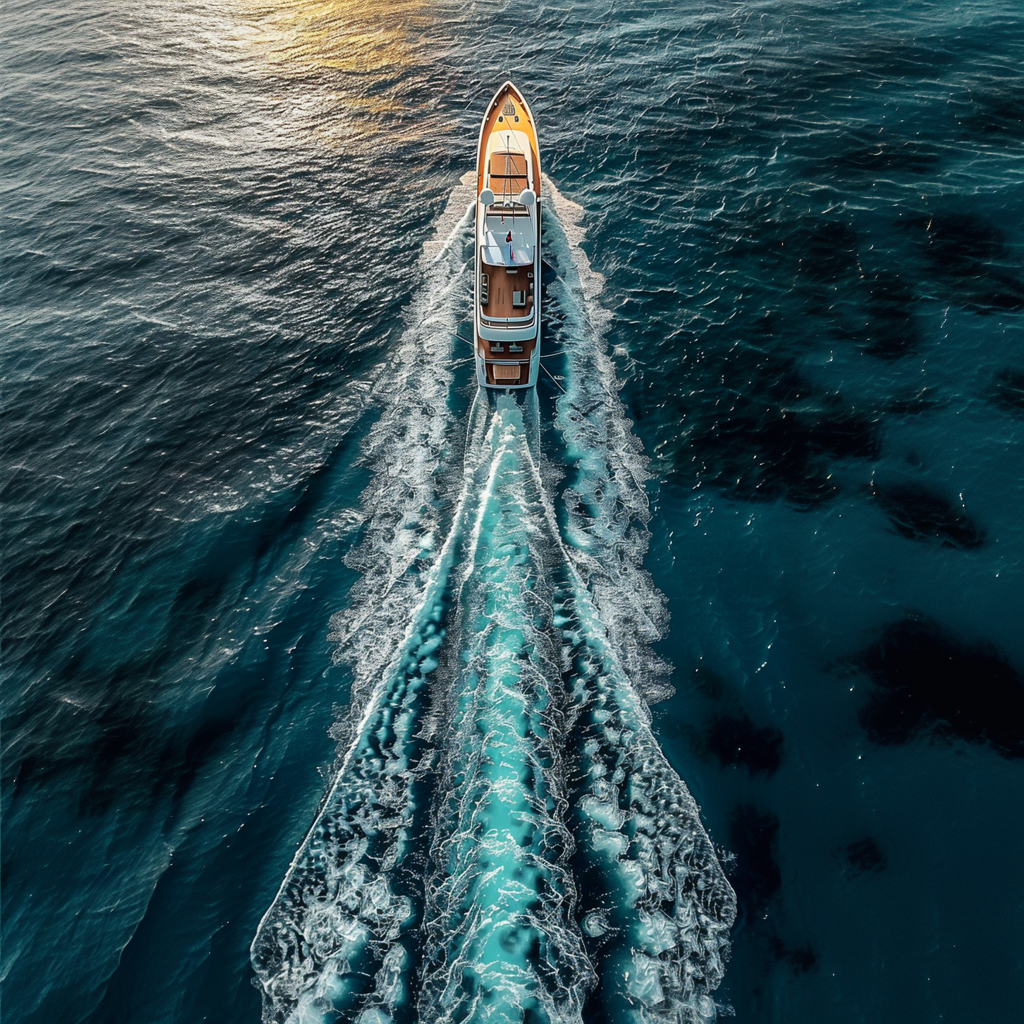 A yacht moving in the ocean, white spray at the tail forming the number two, seen from above