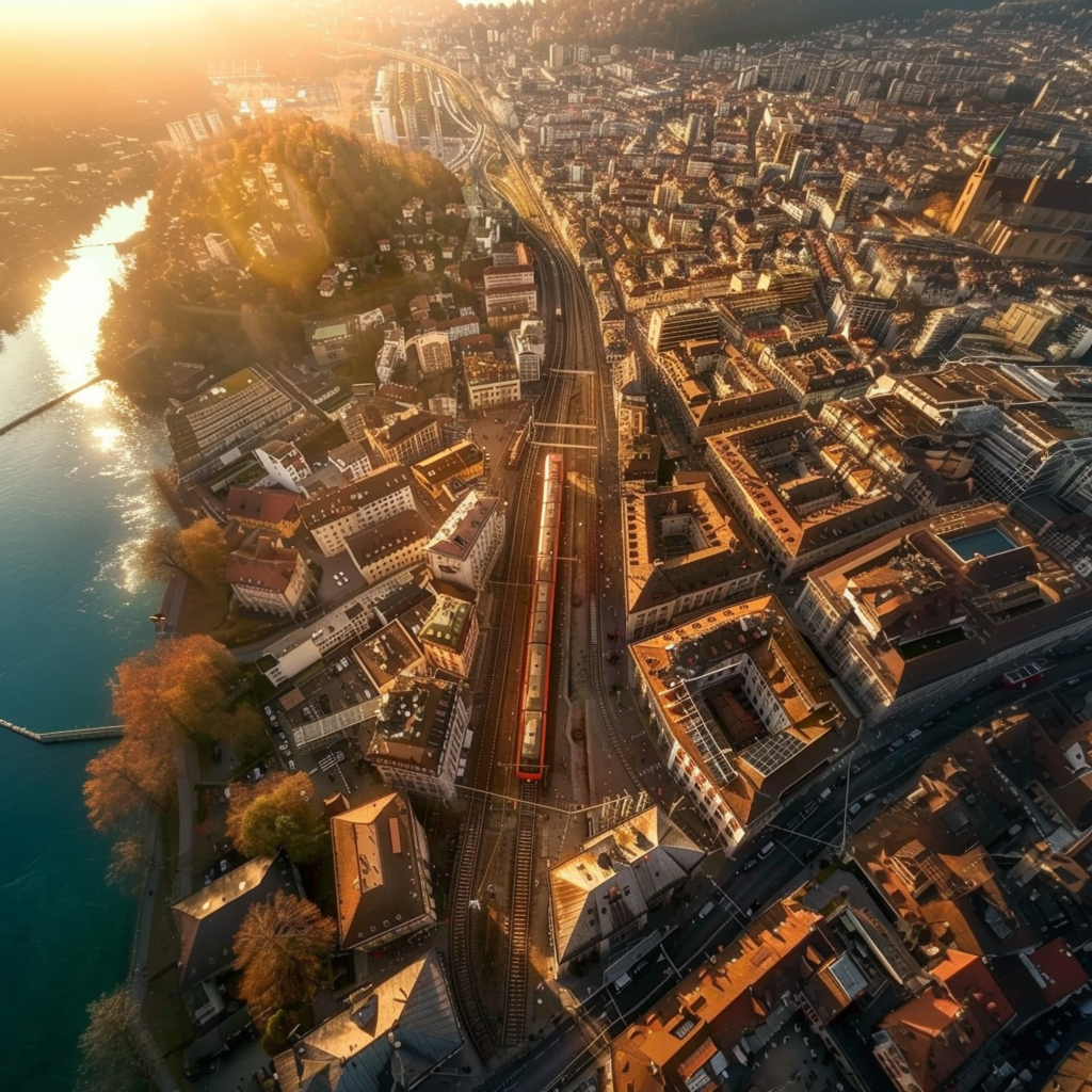 An aerial photo of Switzerland sunset beautiful lighting stunning architecture