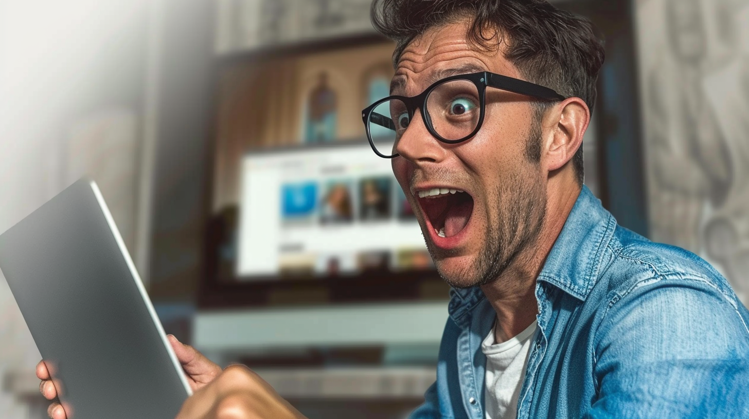 An excited man holding and looking at his laptop with a surprised expression