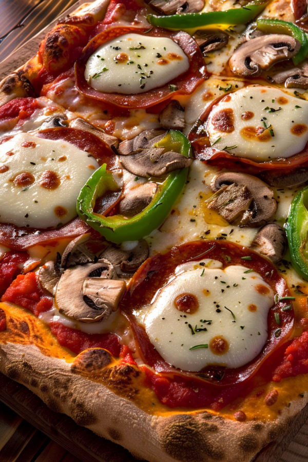 Close-up shot of a mouthwatering, cheesy pizza with a perfect golden crust, topped with vibrant red tomato sauce, melted mozzarella, pepperoni, mushrooms, and green peppers.