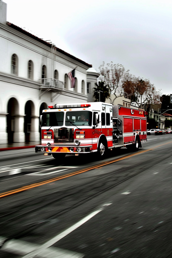 Firetruck going fast with its lights on