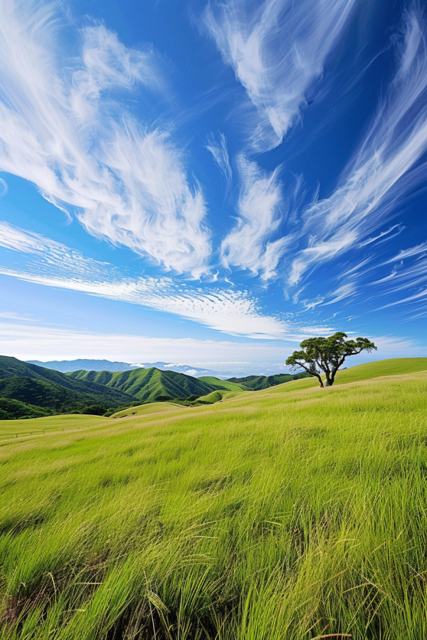 From a low angle perspective, capture the merging of blue sky and green grassland