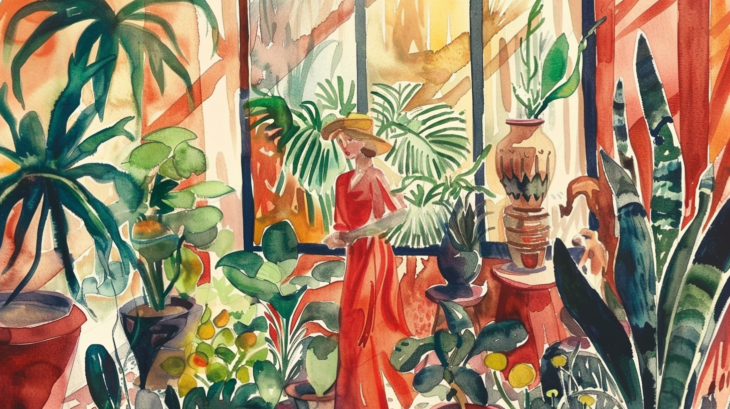 Generate a landscape wall art in the style of Henri Matisse, depicting a lush garden view