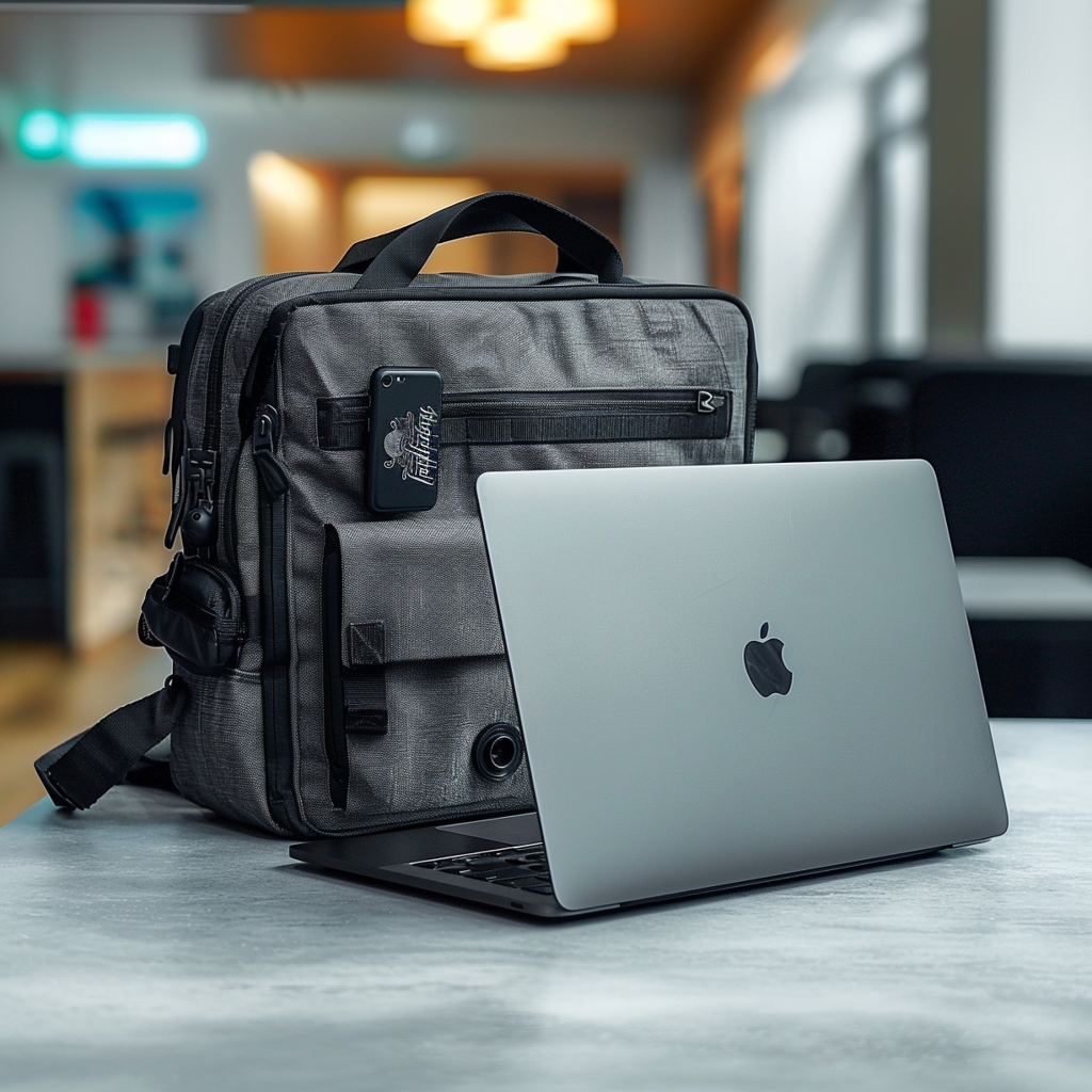 Grey apple laptop on a grey table beside a black laptop bag