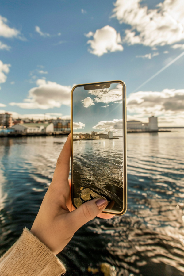 Hand holding Smartphone and taking photos of an Oceanside Town