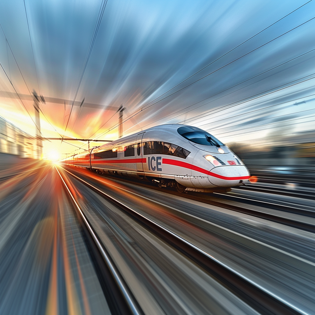 ICE high speed train on railway sunset light
