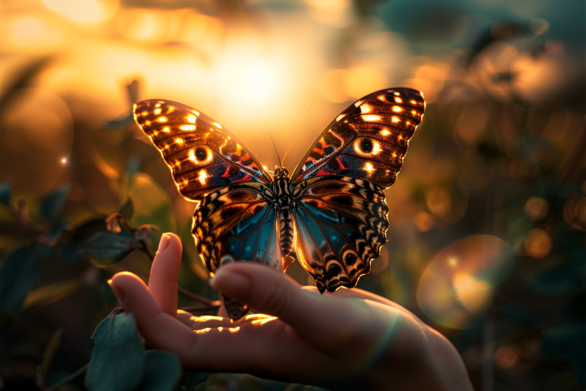 Open scene, wide scene , Realistic image, realistic photography, hyperrealist, colorful butterfly in hand, sunlight