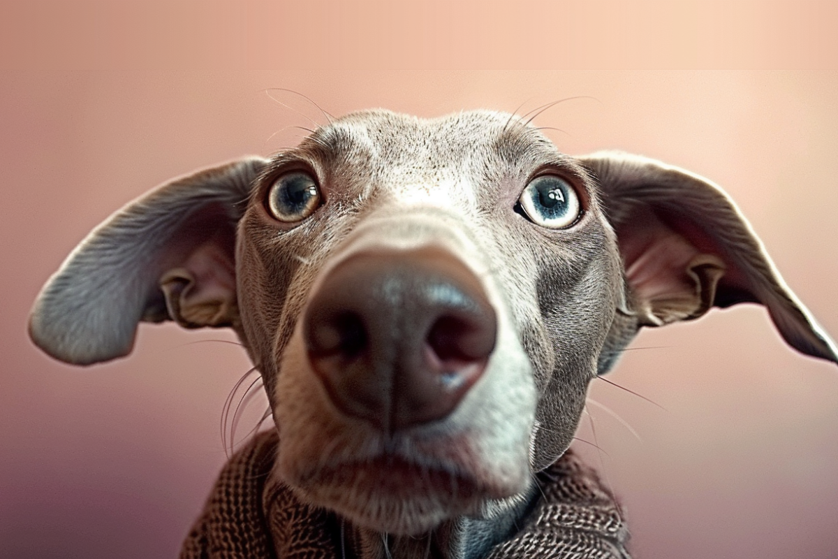 Portrait of a female Weimaraner facing the camera 2 on a pink background in woman amazing clothes, the light is cinematic and came from the side