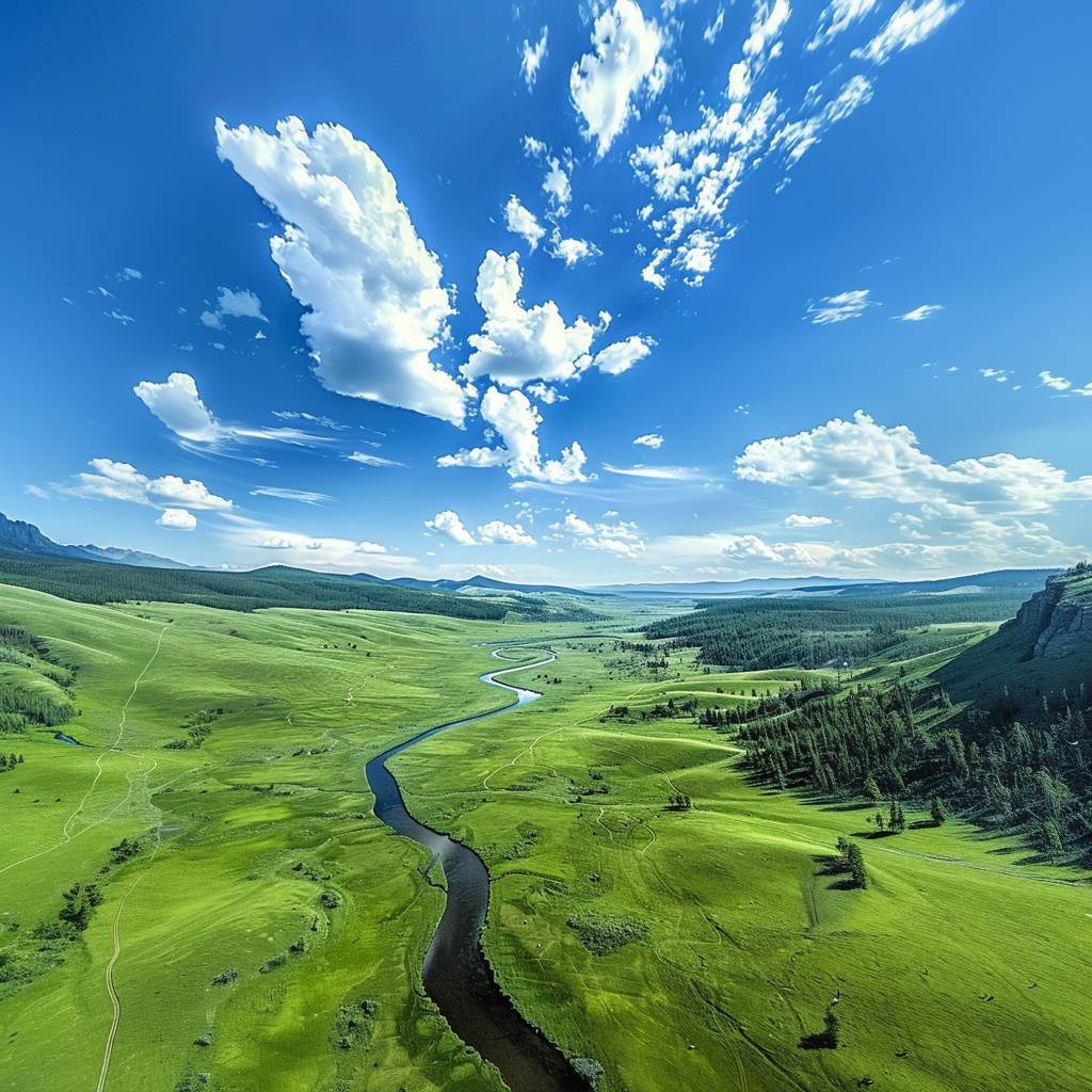 The blue sky is filled with white clouds, with green grasslands and long river
