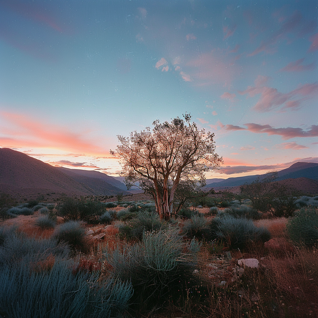 Twilight shot of wonder valley California photorealistic Kodak portra 400