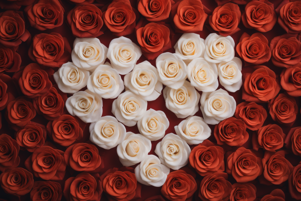 White Roses on a Ruby Red Background in the Shape of a Heart