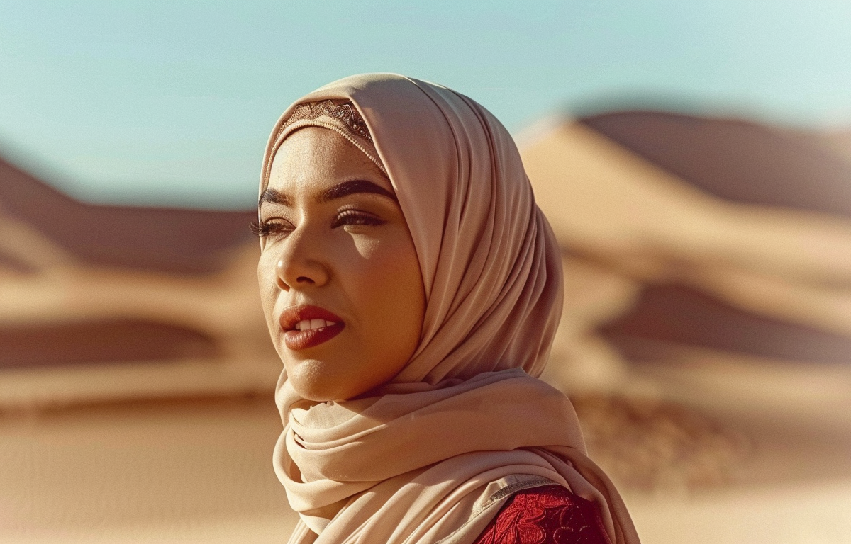 Woman wearing hijab in the desert, bright and airy photography