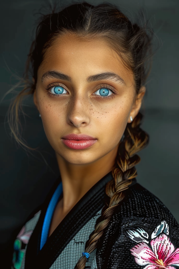 a portrait of a beautiful 18-year-tunisian berber girl with blue eyes, s, hair in french braid