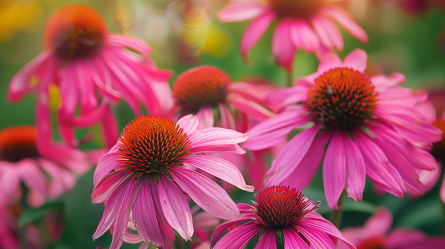 Closeup of pink Echinacea annua or cone flowers in a garden, in a real photo.