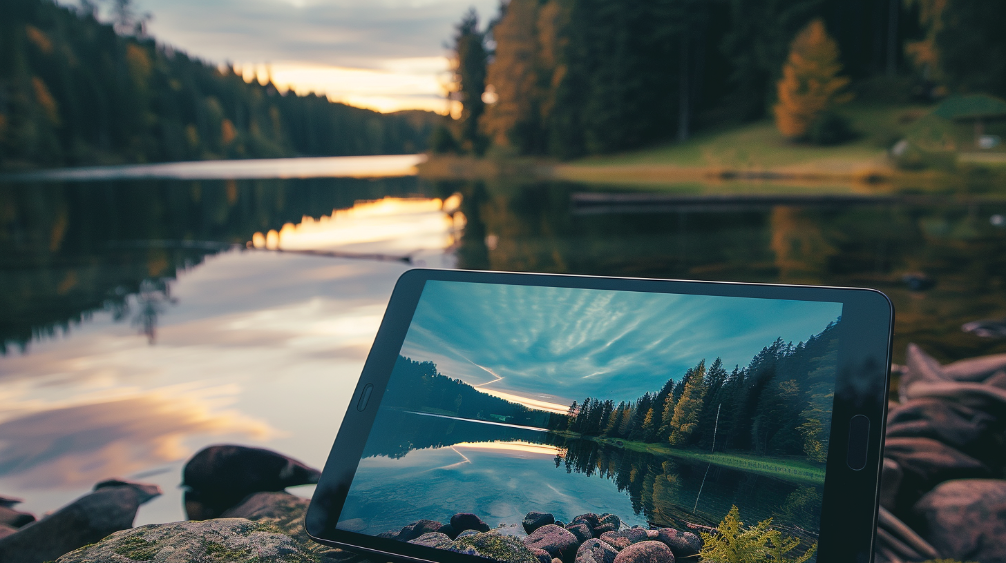 Tablet with Mountain Lake as Background