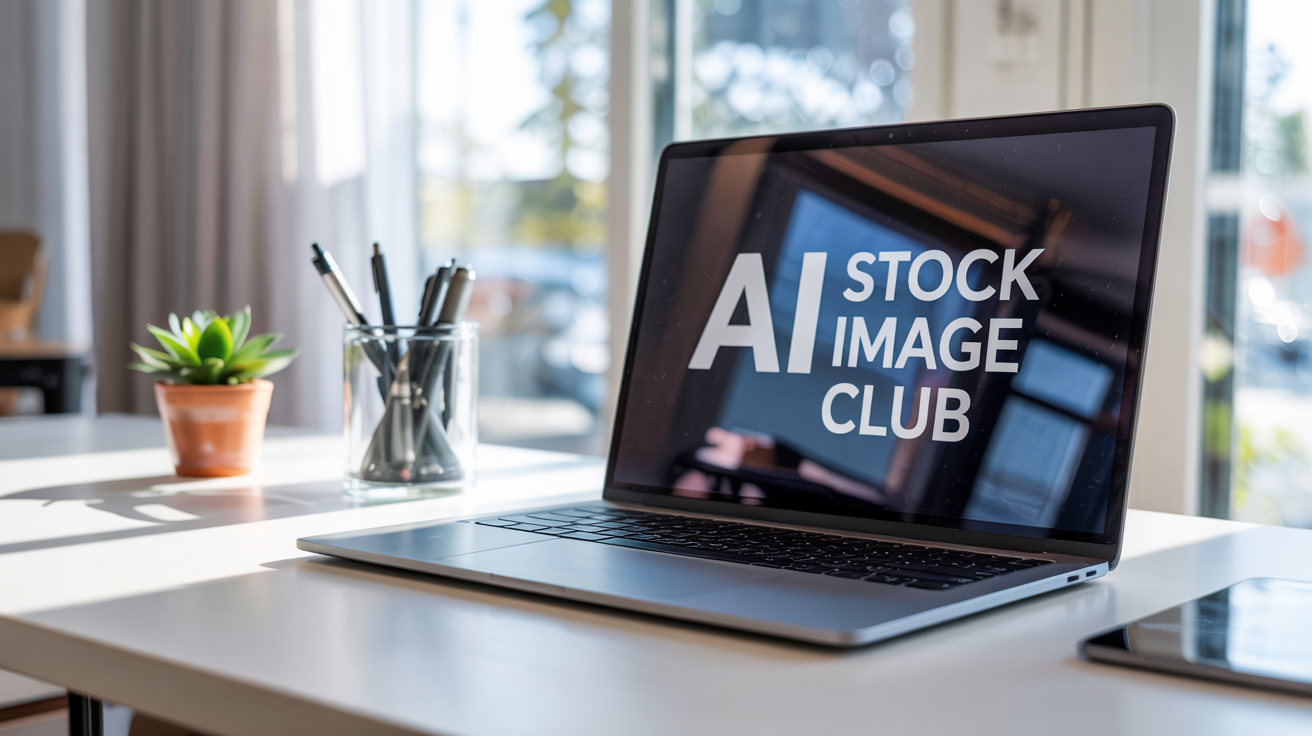 AI Stock Image Club on Laptop Screen on Top of Desk with sunshine