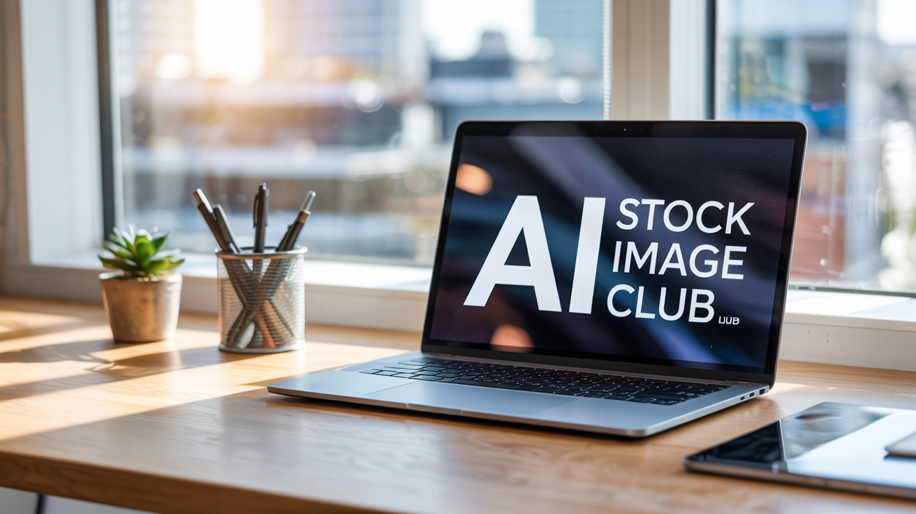 AI Stock Image Club on Laptop Screen on a Desk with sunshine