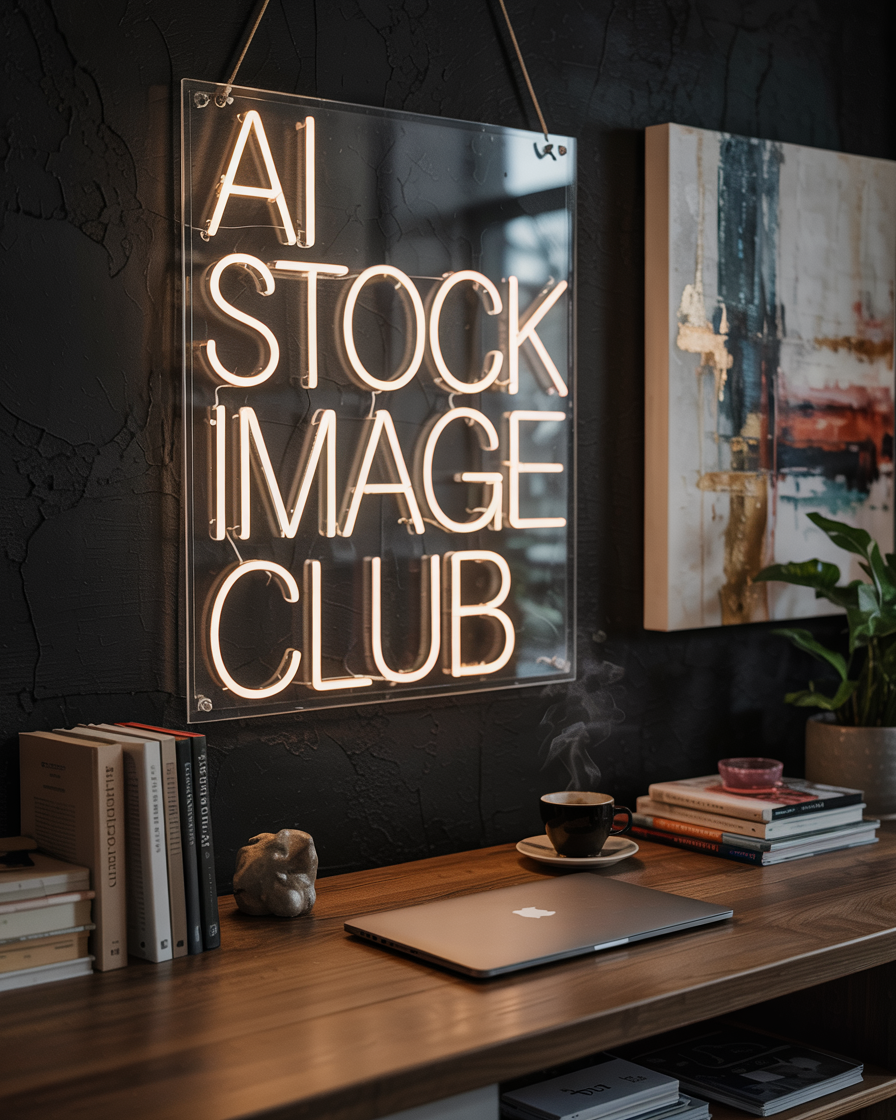 AI Stock Image Club sign on wall hung above a Compter Desk