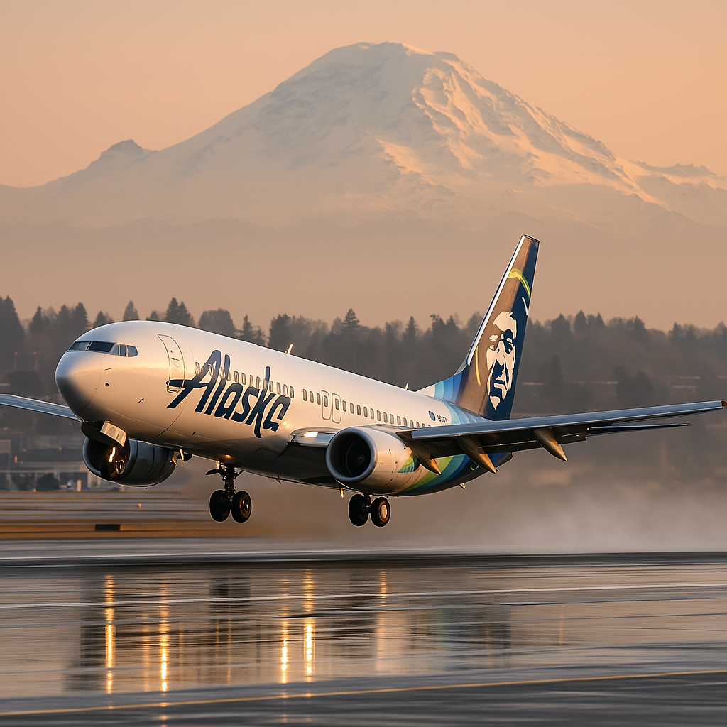 Alaska Air Jet taking off from Sea-Tac with Mt. Rainier in Background AI Generated Stock Image