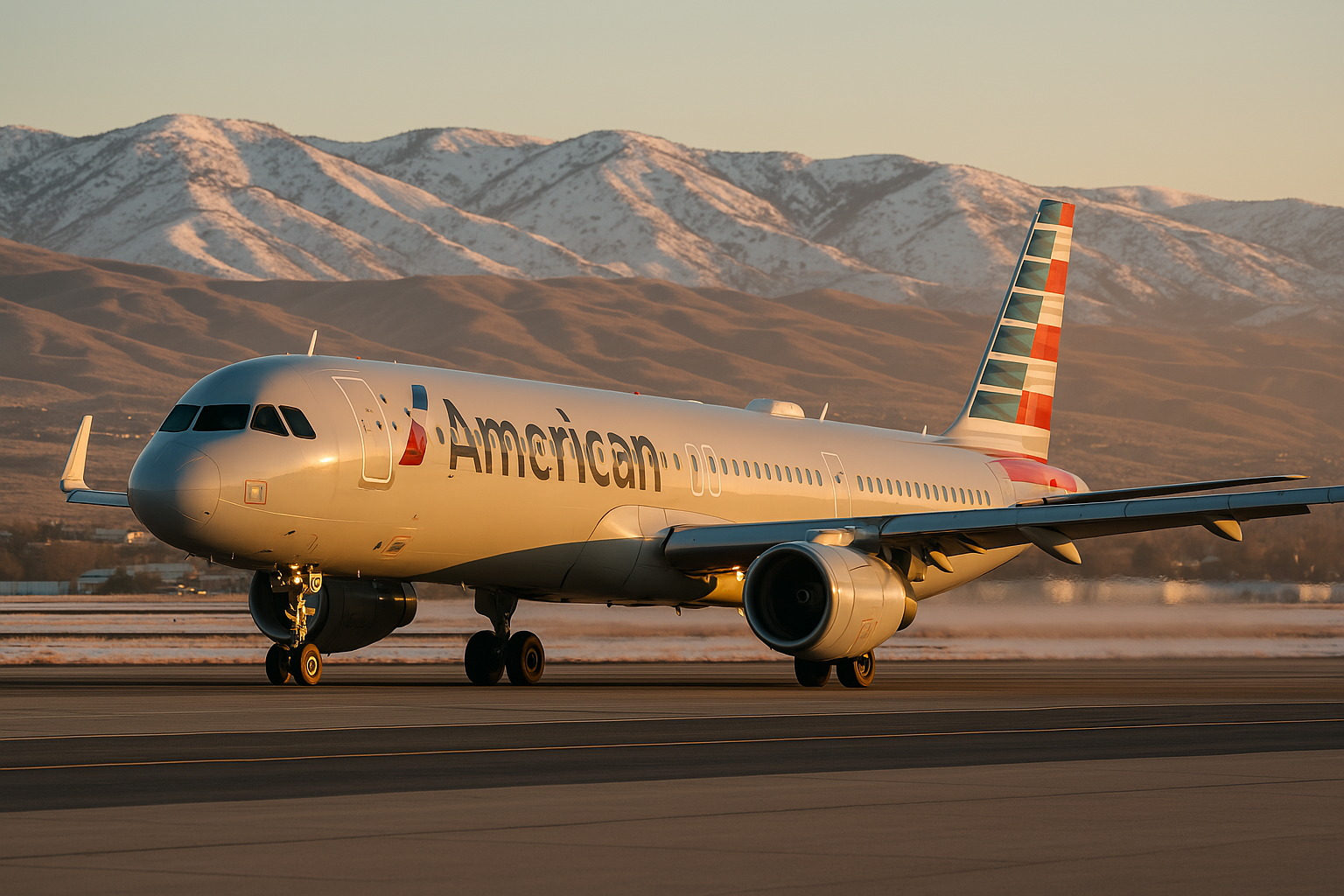 American Airlines Airbus Jet Landing in Boise Idaho AI Generated Stock Image