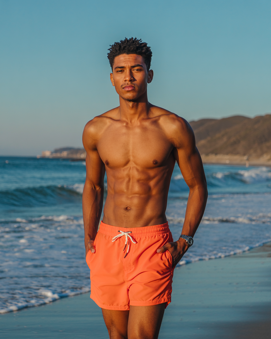 Black Male Model Walking Along Ocean Beach AI Generated Stock Image