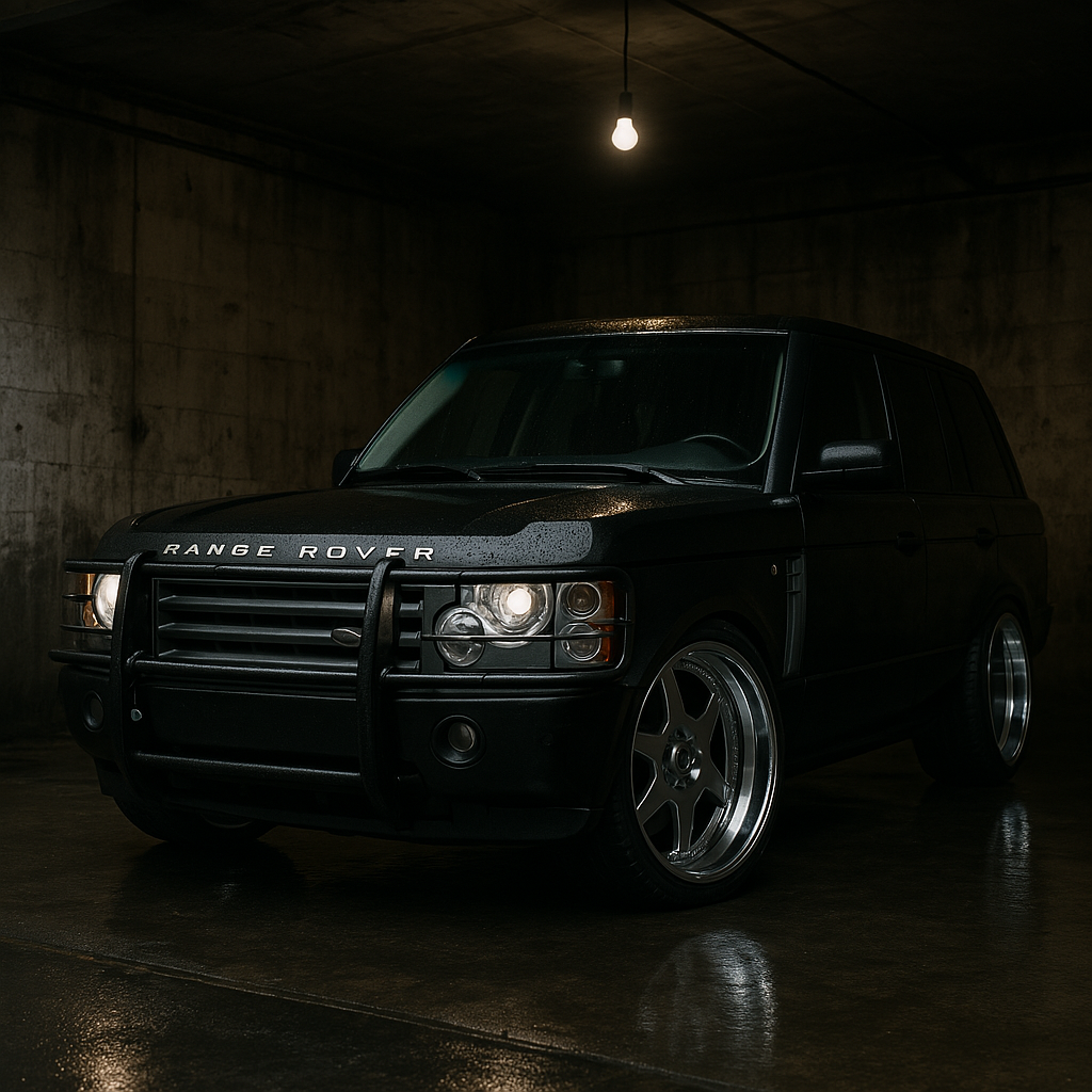 Black Range Rover in Dark Parking Garage AI Generated Stock Image
