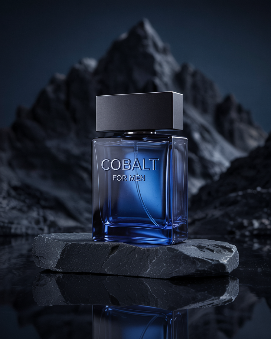 Cobalt for Men Fragrance with Mountain Peak Background AI Generated Stock Image