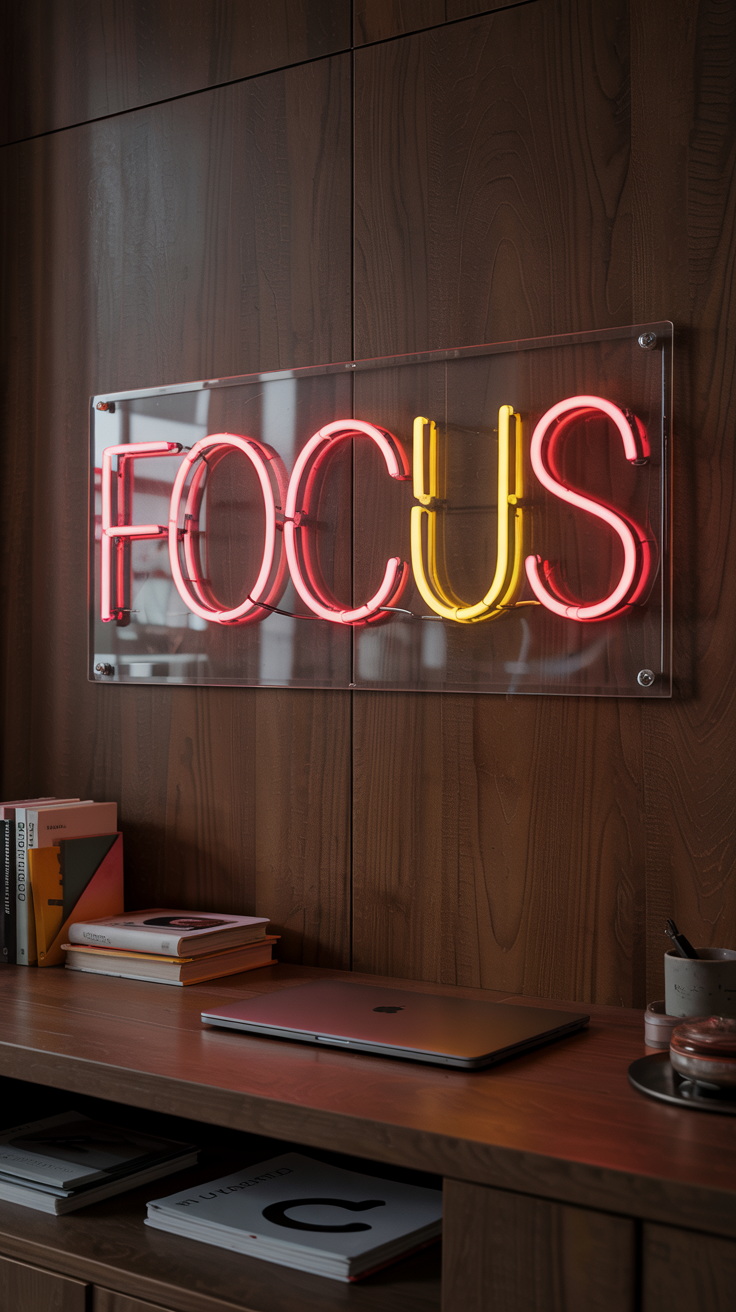 Focus Neon sign on wall hung above a Compter Desk
