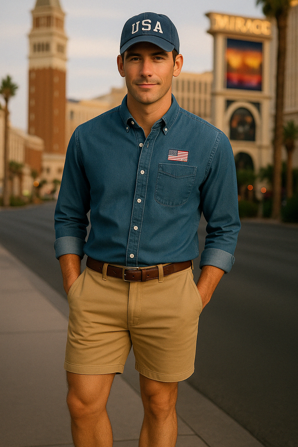 Male Dress in Denim Shirt with USA Flag and Cap on the Last Vegas Strip