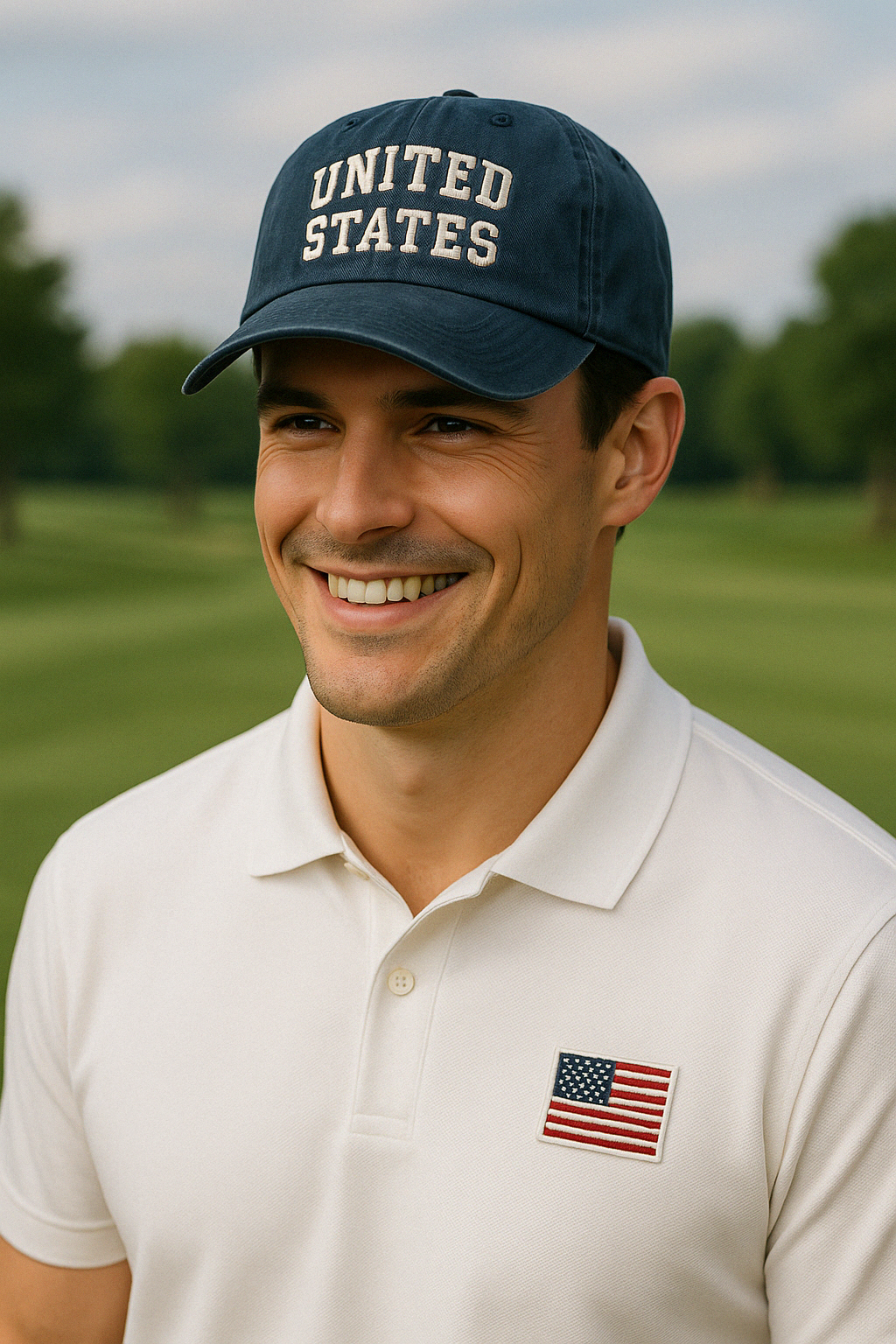 Male Golfer in United States Cap and White Polo Shirt with USA Flag