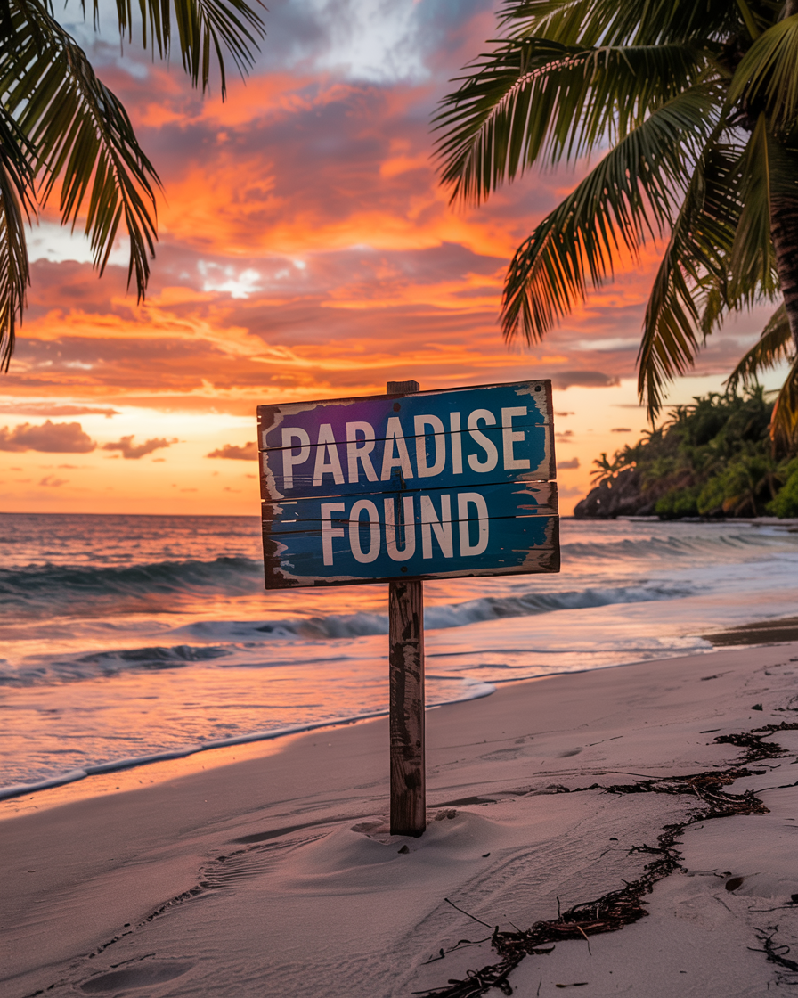 Paradise Found Sign on Tropical Beach AI Generated Stock Image