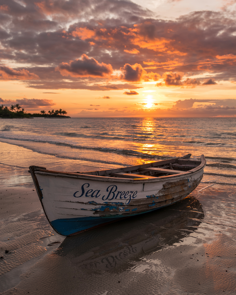 Sea Breeze Weathered Boat on Tropical Beach AI Generated Stock Image