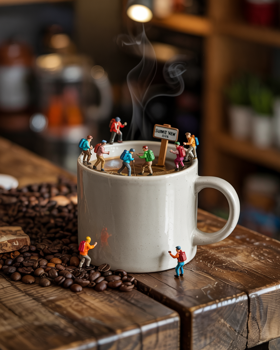 Tiny People walking the edge of a Coffee Mug with Spilled Beans