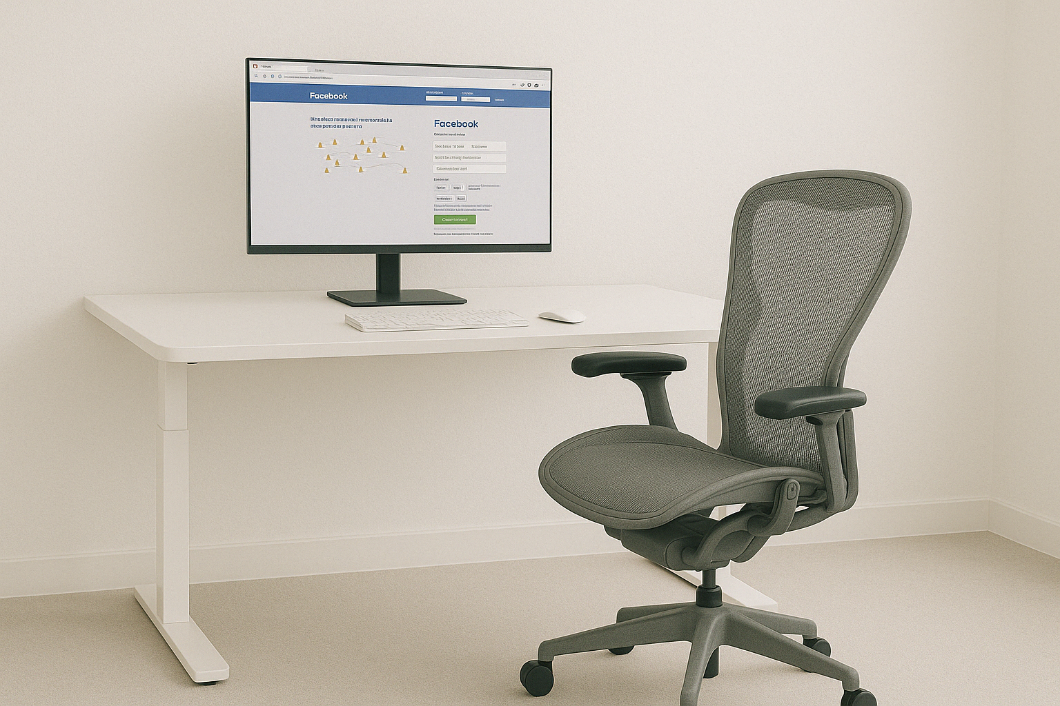 White Stand Up Desk with Computer Moitor and Desk Chair