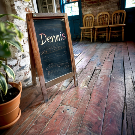 A chalk board with the text Dennis written with a chalk