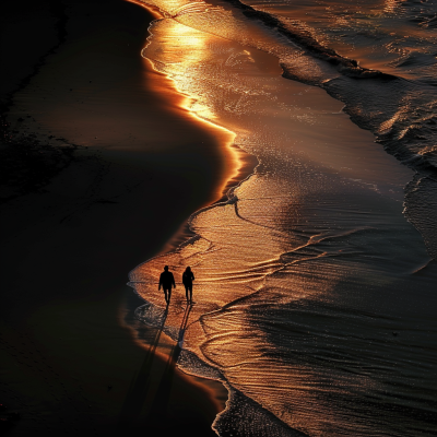 In the dark night, two people walk on the beach by the water's edge, with golden sand and ripples forming beautiful curves in line.