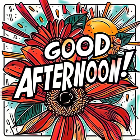 Write the words GOOD AFTERNOON logo in comic book grateful speech bubble beautiful flowers sunshine white background